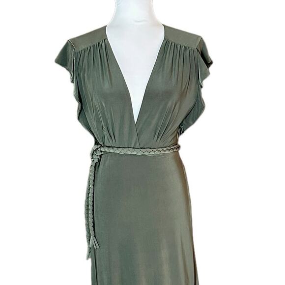 NEW MISA Los Angeles Dress Maxi Green Knit Braided Belt Wrap Belt V-Neck M - Picture 3 of 15
